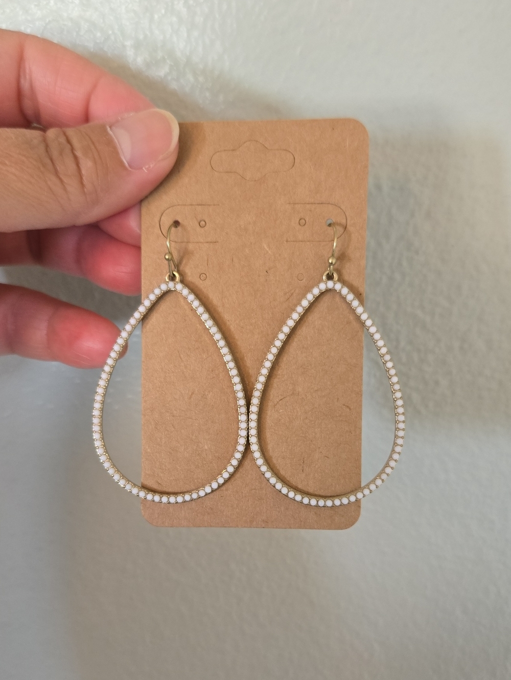 White Beaded Tear Drop Earrings
